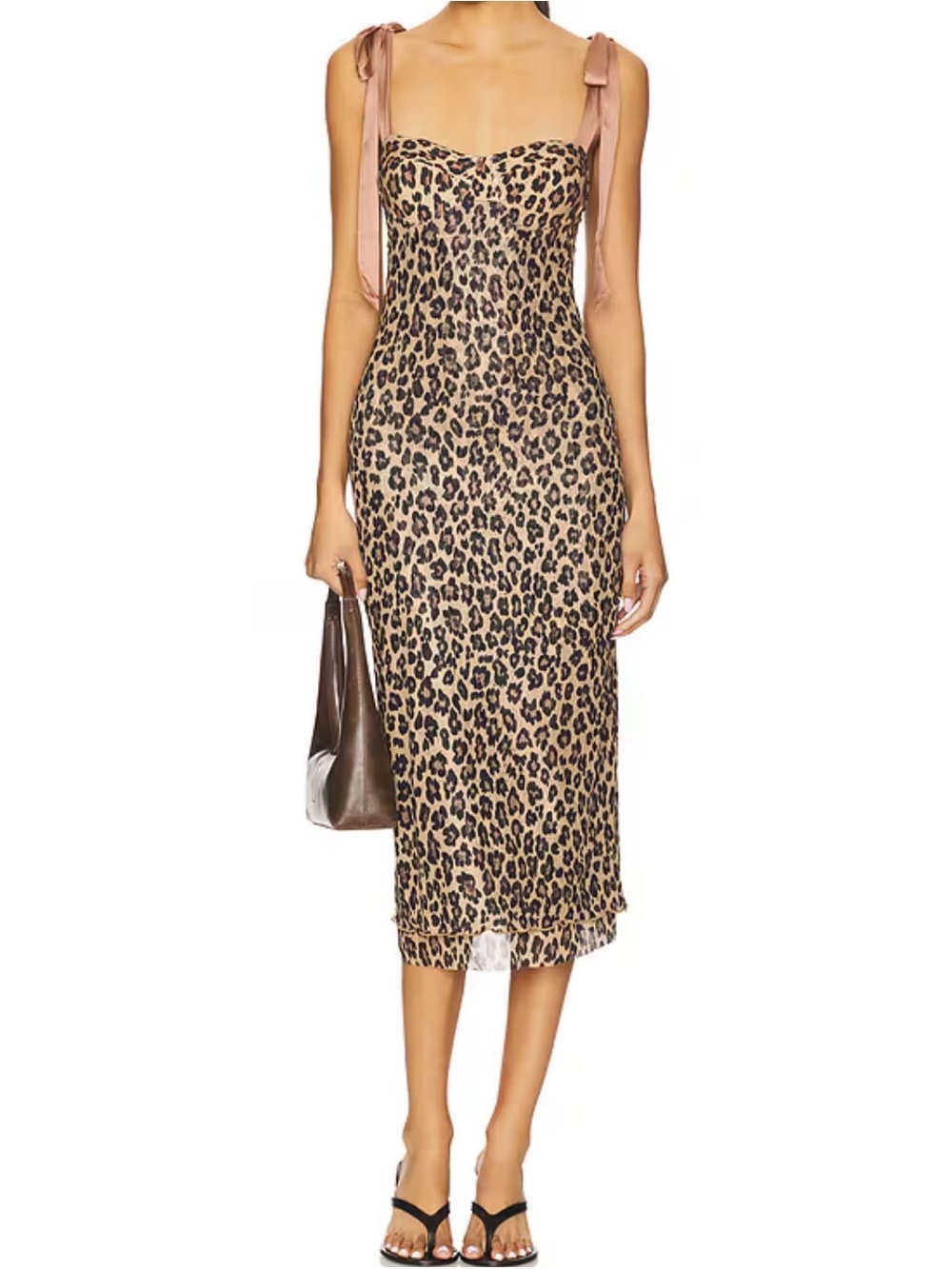 Free People Leopard-Print Midi Slip Dress with Pink Ribbon Straps